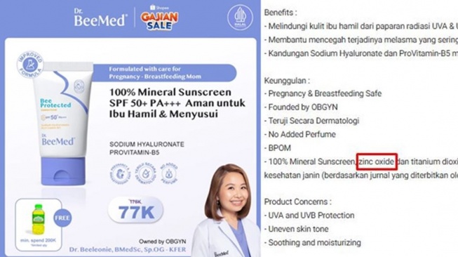 Sunscreen dengan kandungan zinc oxide. (Shopee)
