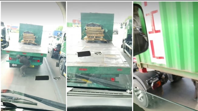 Seorang sopir truk kontainer merekam aksi pencurian truk kontainer rekannya di jalanan saat macet (Instagram)