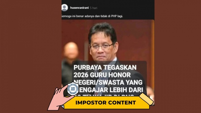 Hoaks Menkeu Purbaya guru honor negeri dan swasta jadi PNS 2026. [Dok. Istimewa]