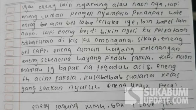 Tulisan tangan korban dalam surat terakhir sebelum ditemukan meninggal dalam kondisi tergantung di pintu kamar rumahnya di Cikembar Sukabumi. (Sumber Foto: Istimewa)