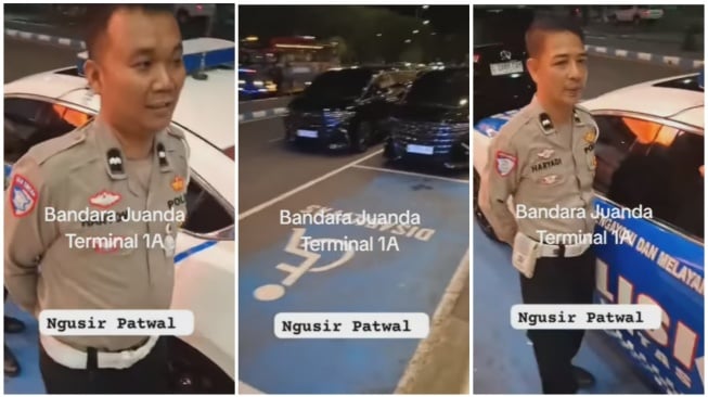 Seorang pria menegur patwal parkir di area disabilitas yang diduga mengawal seorang pejabat setibanya di bandara Juanda (Instagram)