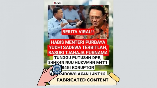 Hoaks Prabowo lantik Ahok jadi Ketua KPK. [Dok. Istimewa]