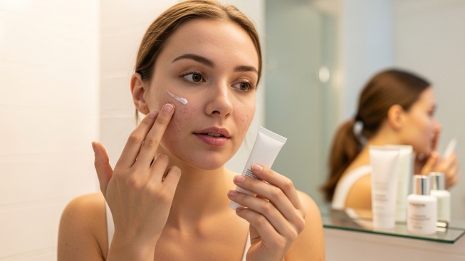 Perempuan menggunakan krim untuk menghilangkan bekas jerawat (Google Studio AI)