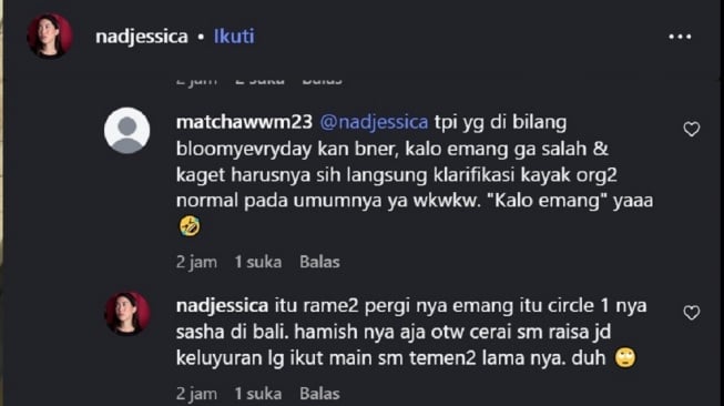 Teman dekat buka suara soal isu Sabrina Alatas dan Hamish Daud liburan (Instagram/@nadjessica)