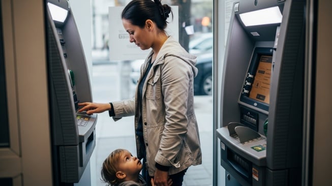 Perempuan sedang memencet pin ATM (Google Studio AI)