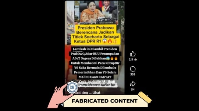 Hoaks Prabowo Bakal Tunjuk Titiek Soeharto Ketua DPR RI. [Dok. Istimewa]