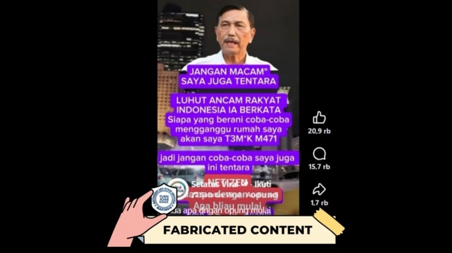 Hoaks Luhut ancam tembak mati rakyat Indonesia. [Dok. Istimewa]