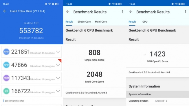 Review Performa Realme 15T 5G, skor AnTuTu dan Geekbench. [Suara.com/Dicky Prastya]