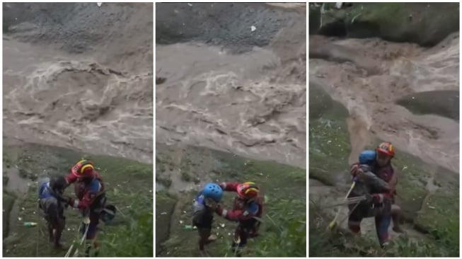 Petugas Damkar Bandung selamatkan seorang ODGJ yang terjebak di aliran air sungai deras (Instagram)