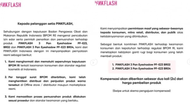 Klarifikasi Pinkflash. [Instagram/@pinkflashcosmetics_]