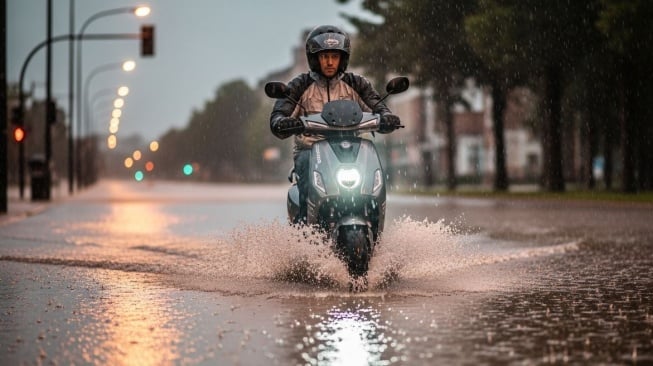 Ilustrasi motor listrik saat hujan. (Google AI Studio)