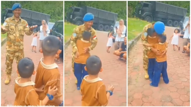 Tangis haru dua bocah sambut ayahnya seorang TNI yang pulang bertugas dari Kongo (Instagram)