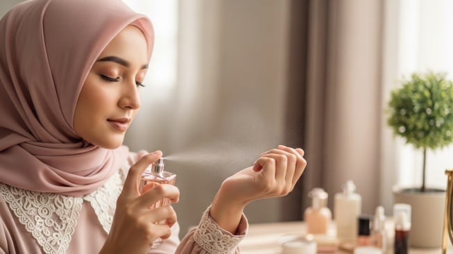 Hijabers menggunakan parfum (Google Studio Ai)