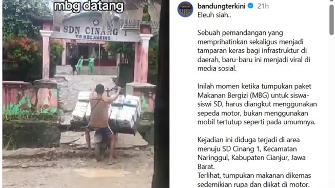 Tangkapan layar pengiriman Makanan Bergizi (MBG) untuk siswa SD Cinang 1, Cianjur. [Instagram/@bandungterkini]