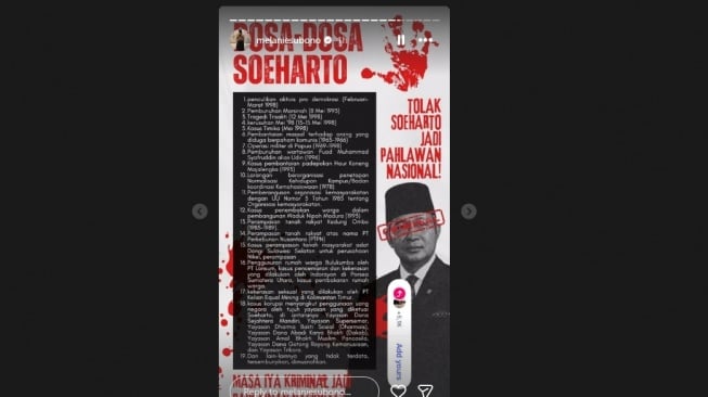 Melanie Subono Gebrak Medsos, Unggah 19 'Dosa' Soeharto. [Instagram]