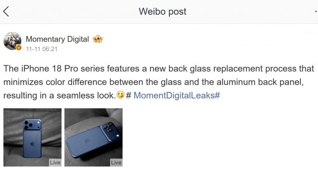 Bocoran iPhone 18 Pro. [Weibo] 