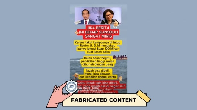 Hoaks Rektor UGM mengaku Jokowi menyuap Rp100 miliar untuk mendapatkan ijazah palsu.. [Dok. Istimewa]