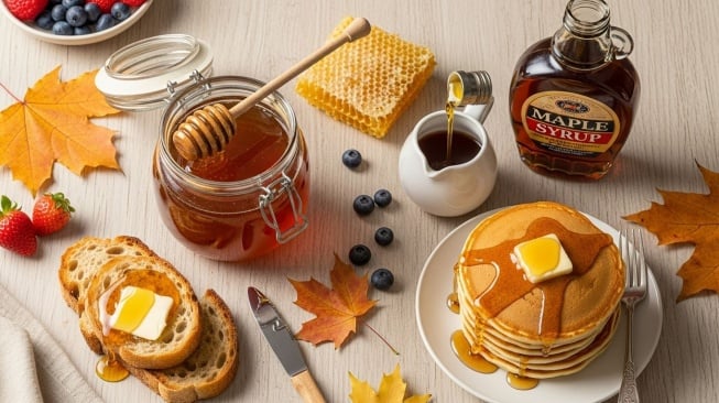 Ilustrasi Madu dan Sirup Maple. (Google AI Studio)