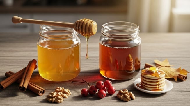 Ilustrasi Madu dan Sirup Maple. (Google AI Studio)