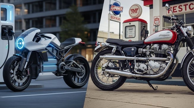 Ilustrasi Motor Listrik vs Motor Bensin. (Google AI Studio)