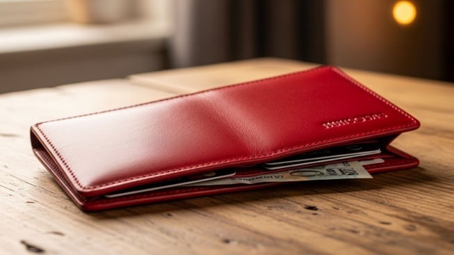 Ilustrasi dompet warna merah. (Google AI Studio)