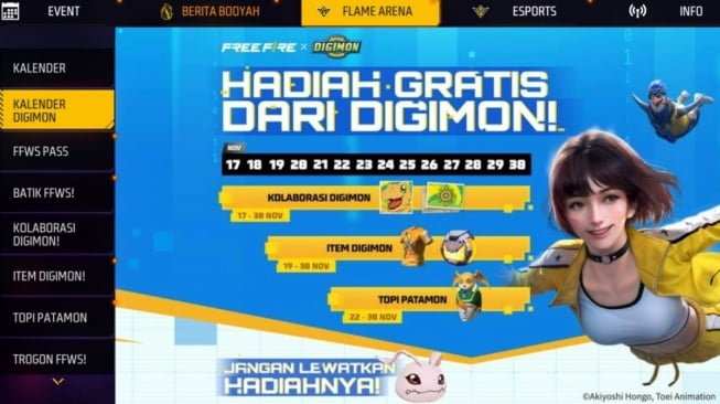 Hadiah gratis dari Digimon di Free Fire. (ist)