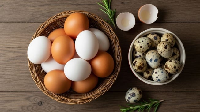 Ilustrasi telur ayam dan telur puyuh. (Google AI Studio)