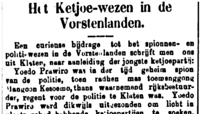 "Het Ketjoe-wezen in de Vorstenlanden", artikel tentang polisi jadi maling dalam surat kabar Soerabaijasch Handelsblad, Edisi Jumat 13 September 1889. [delpher.nl]