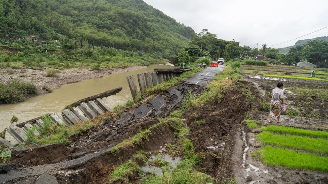 Warga berjalan melewati area persawahan di dekat jalan penghubung desa yang amblas di Sriharjo, Bantul, DI Yogyakarta, Rabu (26/11/2025). [ANTARA FOTO/Hendra Nurdiyansyah/foc]
