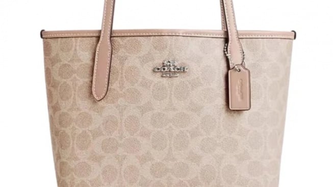 Coach Small City Tote Bag in Signature Canvas Sand/Taupe. [Balilene]
