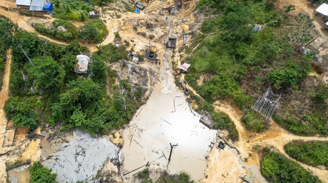 Foto udara tempat penambangan minyak ilegal di perbatasan Hutan Harapan, Desa Sako Suban, Musi Banyuasin, Sumatera Selatan, Kamis (27/11/2025). [ANTARA FOTO/Wahdi Septiawan/agr]