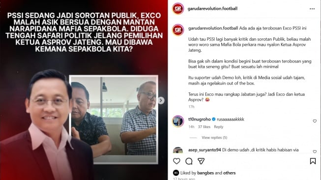 Foto yang memperlihatkan Anggota Komite Eksekutif (Exco) PSSI, Khairul Anwar, duduk bersama mantan terpidana kasus mafia bola, Johar Lin Eng. [Instagram/@@garudarevolution]