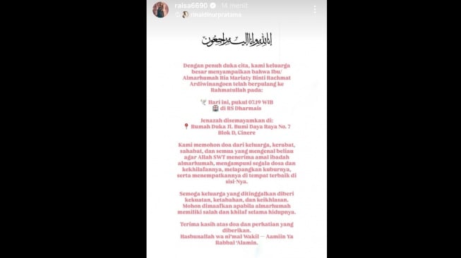 Informasi ibu Raisa meninggal dunia dibagikan sang penyanyi di Instagram Story 