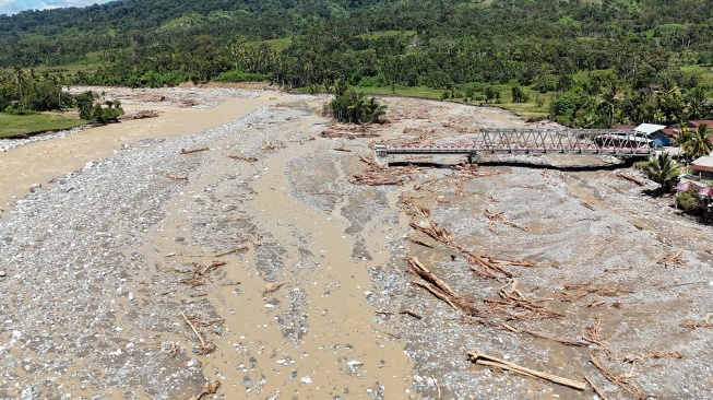 Foto udara Jembatan Beutong Ateuh Banggalang yang putus diterjang banjir bandang di jalan lintas tengah Nagan Raya-Aceh Tengah di Desa Kuta Teugong, Beutong Ateuh Banggalang, Nagan Raya, Aceh, Minggu (30/11/2025). [ANTARA FOTO/Syifa Yulinnas/nz]