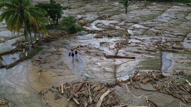 Foto Udara sampah kayu gelondongan pasca banjir bandang di Nagari Muaro Pingai, Kecamatan Junjung Sirih, Kab. Solok. Sumatera Barat, Sabtu (29/11/2025). [ANTARA FOTO/Wawan Kurniawan/Lmo/bar]