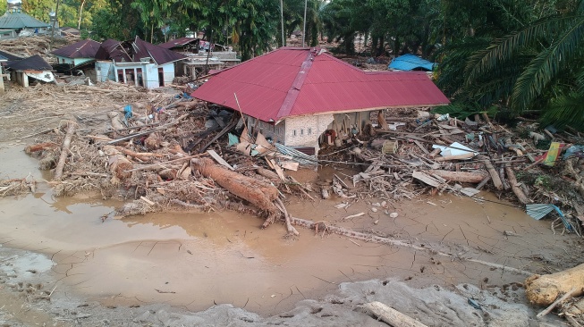 Foto udara kondisi rumah warga yang rusak akibat banjir bandang di Desa Aek Garoga, Kecamatan Batang Toru, Kabupaten Tapanuli Selatan, Sumatera Utara, Minggu (30/11/2025). [ANTARA FOTO/Yudi Manar/nz]