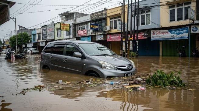 Ilustrasi mobil kena banjir. (Google AI Studio)