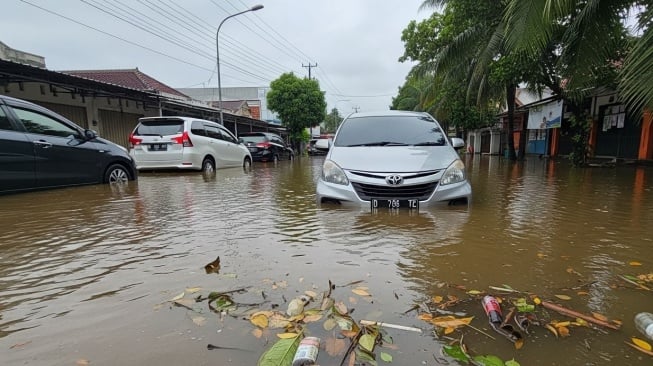 Ilustrasi mobil kena banjir. (Google AI Studio)