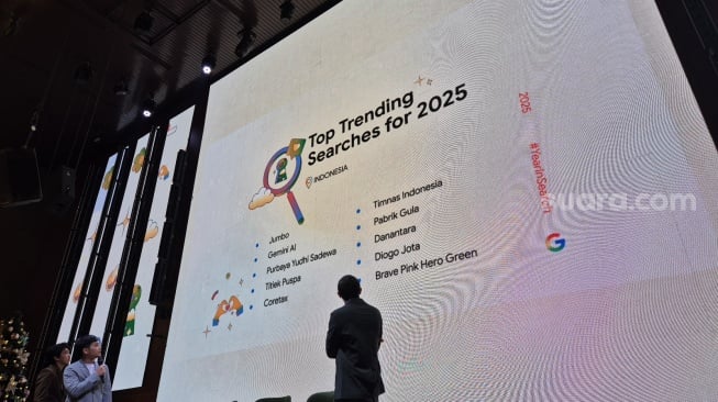 Kata kunci paling banyak dicari di Google sepanjang 2025 dalam Google Year in Search 2025, Jakarta Kamis (4/12/2025). [Suara.com/Dythia]