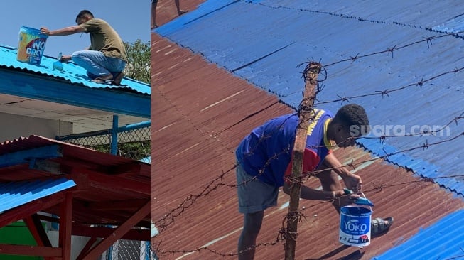 Ilustrasi pekerja melakukan pelapisan cat atap menggunakan cat Avian [Suara.com/HO]