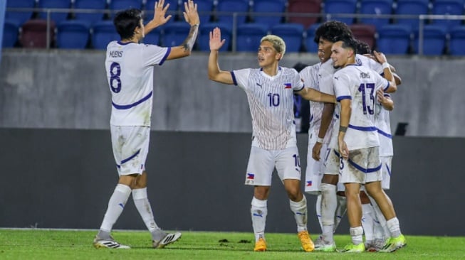 Selebrasi para pemain Filipina U-22 setelah menjebol gawang Myanmar di SEA Games 2025 (dok. PFF)