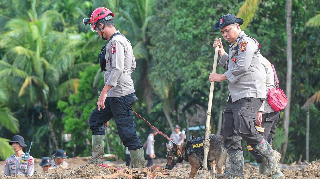 Pawang Unit K-9 Polri menggunakan anjing pelacak untuk mencari korban banjir bandang di Nagari Salareh Aia Timur, Palembayan, Agam, Sumatera Barat, Senin (8/12/2025). [ANTARA FOTO/Wahdi Septiawan/nz]