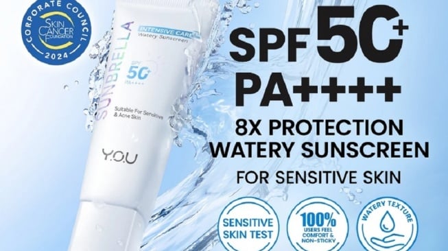 YOU Sunbrella Intensive Care Watery Sunscreen SPF 50+ PA++++ (Shopee/YOU Beauty Official Store)