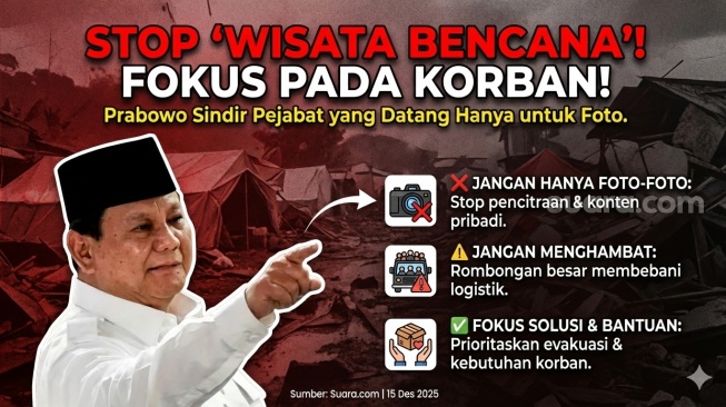 Presiden Prabowo minta pejabat stop jadikan bencana jadi tempat pencitraan pribadi. [Suara.com/Gemini]