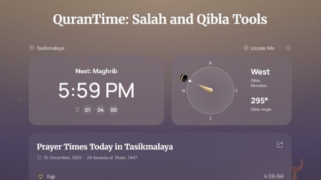 Tampilan jadwal salat di QuranTime. (Dok. QuranTime)