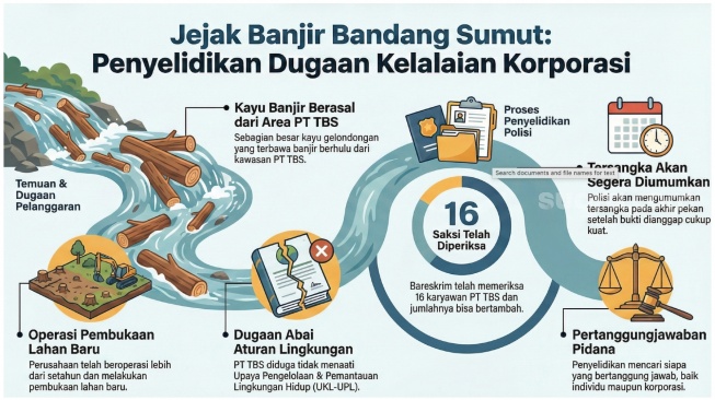 Infografis - Bareskrim Polri sedang menyelidiki perusahaan PT Tri Bahtera Srikandi (TBS) terkait dengan kayu gelondongan yang hanyut terbawa banjir bandang di Sumatra Utara. [Suara.com/Gemini] 