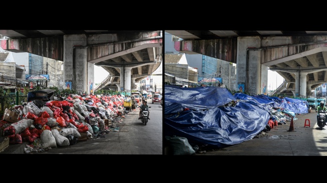 Foto kolase tumpukan sampah sebelum dan sesudah ditutupi terpal di Ciputat, Tangerang Selatan, Banten. [ANTARA FOTO/Putra M. Akbar/Sulthony Hasanuddin]