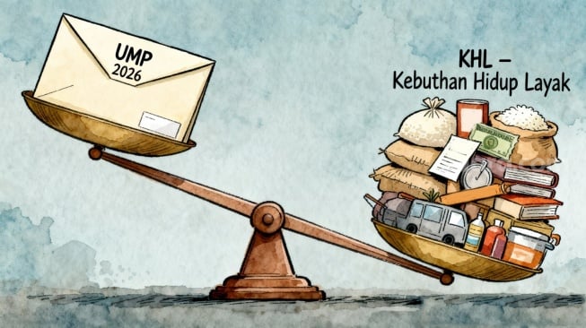 Ilustrasi UMP 2026 vs Kebutuhan Hidup Layak. (Suara.com)
