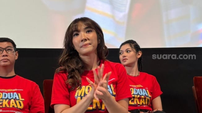 Gisella Anastasia dalam konferensi pers film Modual Nekad di kawasan Kuningan, Jakarta Selatan pada Senin, 22 Desember 2025. [Suara.com/Tiara Rosana]
