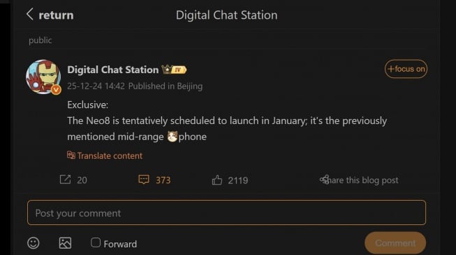 Bocoran tanggal peluncuran resmi Realme Neo 8. [Weibo]